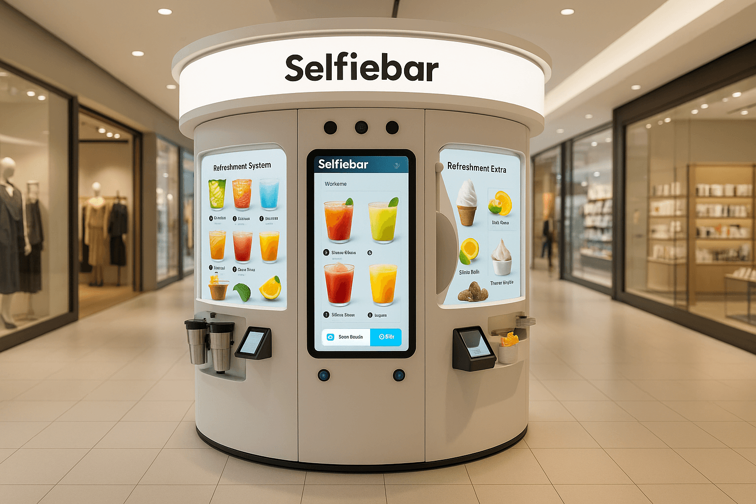 SelfieBar kiosk offering snacks, ice cream, fresh orange juice, coffee/tea, and cold drinks