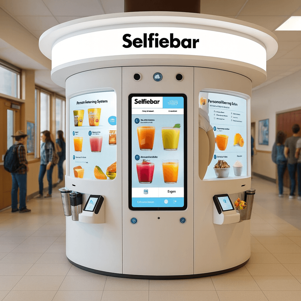 SelfieBar kiosk features including fresh juice dispenser and contactless payment
