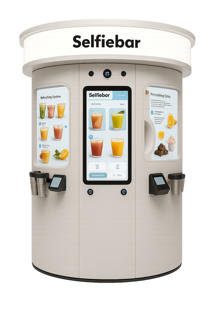 SelfieBar kiosk interface showing refreshment options and automated vending features
